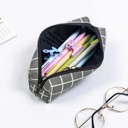 Learning Toys 1pc Simple Plaid Canvas Pencil Case Korean Stationery Checkerboard Pen Case Knitting Large Capacity Pencilcase