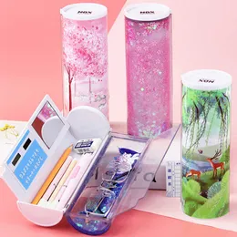 Learning Toys Pencil Case School Pen Holder Stationery Box with Calculator Stand Up Kawaii Cute Pink Beautiful Anime Sakura Clear Pencilcase R230822
