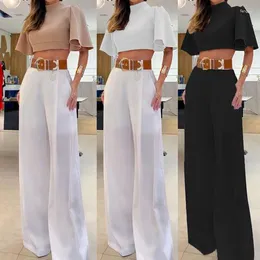 Women's Two Piece Pants Leisure And Comfortable Spring/Summer High Neck Flare Sleeves Sexy Cross Back Top Loose Wide Leg Set Pantalons