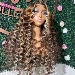 Highlight Brown Blonde Loose Wave Human Hair Wigs 220%density Lace Front Wig Transparent 5x5 Deep Curly Closure Wig Prepluck for Women