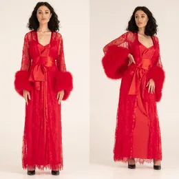 Red Satin Silk Bridal Robe Sleepwear Winter Fur Long SleeveWedding Evening Bathrobe Nightwear Custom Made Robe Gowns