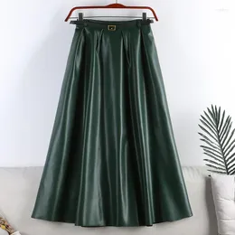 Skirts Autumn Winter Faux PU Leather Women's Long With Belted 2023 High Waist Classic Umbrella Maxi Ladies Female