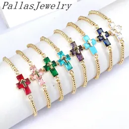 Bracelets de charme 10pcs Moda minimalista delicada 18K Gold Gold Crystal CZ Cross Women Women Bead Jóias de pulseira ajustável 230821