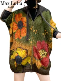 여성용 니트 티 맥스 룰루 겨울 패션 니트웨어 여성 느슨한 클래식 인쇄 후드 따뜻한 스웨터 숙녀 고급 캐주얼 플로럴 큰 크기 가디건 230821