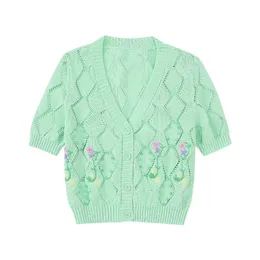 Women's Knits Tees Embroidered Knit Cardigan Women 2023 Clothing Floral and Beads Camis Modern Lady Light Sweater Crop Top Wears 230821