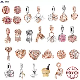 925 Sterling Silver Dangle Charm Rose Gold Pink Daisy Charms Pandora Charms 정통 925 Silver Beads