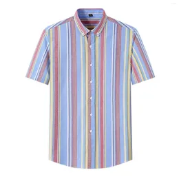 Men's Casual Shirts Summer Autumn Fashion Versatile Shirt Lapel Short Sleeve Candy Color Striped Tops Cozy Breathable Single Breasted