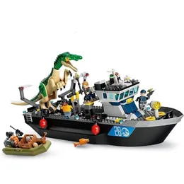 كتل 308pcs Dinosaur Boat Escape Jurrasic Dinosaurs Toy 76942 Building Bricks Toys Children Diy Boys Holiday Holiday Holding 230821