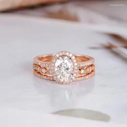 Cluster Rings Solid 14K Rose Gold Center 1.5ct 6 8mm Oval Cut Moissanite Engagement Bridal Wedding Ring Set For Women