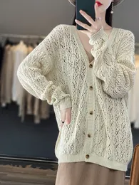 Women's Knits Tees Spring 100 cotton knitted sweater women's loose and comfortable hollowout college casual long Korean 230821