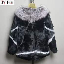 Womens Fur Faux Winter Winter Real Genuine Natural Rabbit Casat With Fox Collar Girls Fashion Jacket Outwear 230822