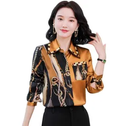 Lüks moda kontrast renk pist gömlekler 2023 kadın tasarımcı stil ipek bluz bahar sonbahar ofis bayan zarif resmi baskı düğmesi
