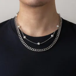 Pendanthalsband Punk Metal Silver Color Double Layer Chain Manes smycken Tillbehör Trendiga Hip Hop Imitation Pärlhalsband för män