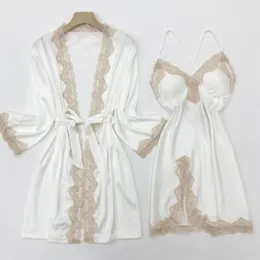 Kadın pijama beyaz gelin nedime düğün bornoz seti seksi tam kayma dantel Nightgown yaz ipek saten kimono banyo elbisesi ho254k