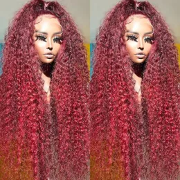 30 32 Inch 99J Burgundy Lace Front Human Hair Wigs Loose Deep Wave Red Colored 13x4 Lace Frontal Red Curly Wig 150% for Women