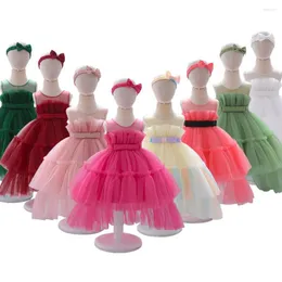 Mädchenkleider Mqatz Sommerkleid Stirnband Kinder weiße Taufe Prinzessin Kleinkind Geburtstagsfeier Kinder Taufe Bogen rosa Babykleidung