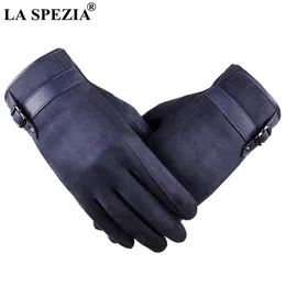 La Spezia Mens Suede Gloves Touch Screen Male Navy Blue Velvet Gloves Thermal Solid Patchwork Leather Autumn Winter Mittens Men 20269y