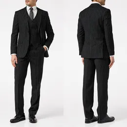 Pinstriped Erkekler Düğün Takımları İnce Fit Smokin 3 Parçalar Notch yaka damat giymek pantolonlu iş ceketi yelek özel yapılmış