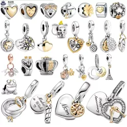 925 Sterling Silver Dangle Charm Circular Beaded Golden Heart-Shaped Birthday Candle Bead For pandora charms authentic 925 silver beads