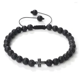 Strand 6 mm naturale vulcanico Vulcanico Lava Stone Bracciale Trendy Trendy Ematite Croce Pendant Tiger Eye Beads Braccialetti intrecciati Women Yoga Jewelry