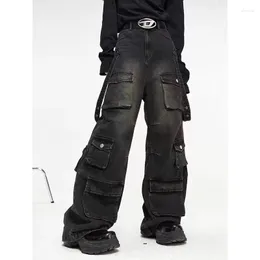 جينز الرجال الأمريكي متعدد الجيبات فضفاضة غير رسمية الموضة الهيب هوب واسعة السقوط الساق الأسود harajuku بنطلون الشارع