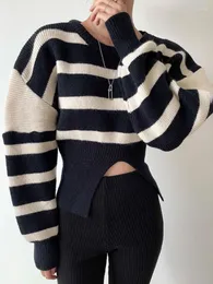 女性用セーターJyate Korean Fork Striped Sweater Autumn Winter Round Neck Slimフィットニットトップカラーコントラストプルオーバー