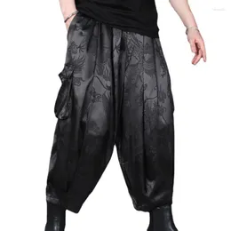 Men's Pants Black Loose Tapered Harem Cropped Overalls Summer Printed Drape Casual Wide-Leg