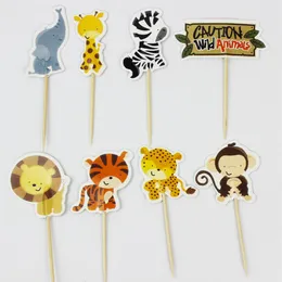 Whole-24pcs Jungle Safari Cupcake Picks Animal Cake Toppers Cartoon Cupcake Inserts Card Birthday Baby Shower Kids Party Favor280k