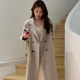 Womens Wool Blends Women Winter Woolen Overcoat Oat Color Doublesided Cashmere Coat Midlength Jacket Loose Cardigan Simple Outwear 230822