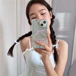 Ins Korean Cute Pink Bowknot Mirror Case Telefon dla iPhone'a 14 13 12 11 Pro Max X XS XR Piękny wstrząs twarda tylna okładka funda