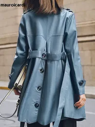 Женская кожаная подделка Lautaro Spring Aduumn Classy Blue Trench Poat для женского ремня Элегантная роскошная дизайнерская одежда Взлеточная мода 230822