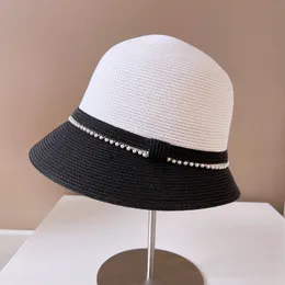 Berets Japan Bucket Hat Cap Female Women's Wide Brim Summer Hats Braided Straw Fishing Elegant Beach Twocolor Stitching 230822