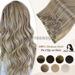 Syntetyczne peruki Pełne połysk pu clip hair Remy Human Hair 100g bezproblemowy niewidzialny klip w ludzkich włosach Balayage kolor blondynka x0823