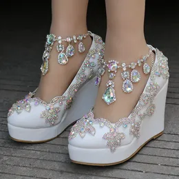 Kraliçe Crystal 866 Elbise Gelin Düğün Ayakkabıları Kadın ayak bileği kayış takozları Yüksek Platform Pompalar 230822