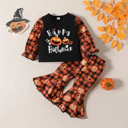 Rompers 2023 Ins Halloween meninas de 2pcs de 2pcs Conjunto de roupas de abóbora de abóbora com mangas compridas calças de manga longa de abóbora