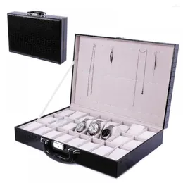 Obejrzyj pudełka 24 Grid Krokodyl ziarno skórzane skrzynki do przechowywania luksusowe wyświetlacz biżuterii organizator biżuterii