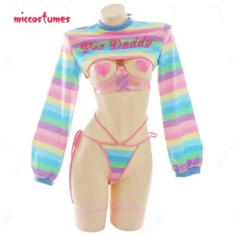 Theme Costume Women Sexy Lingerie Set Rainbow Stripe Long Sleeve Short Tops and Panty with Stockings Lingerie Sleepwear Sexy Costumes 230822