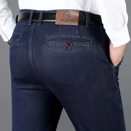 Jeans da uomo s jeans autunno e inverno classico ad alta vita Business blu scuro elasticità elasticità pantaloni di marca maschio 230823