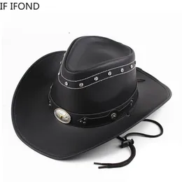 Chapéus largos chapéus chapé de balde clássico 100 couro chapéu de cowboy ocidental para homens cavalheiro pai godfather caps panamá cowgirl jazz sombrero hombre 230822