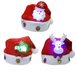 Cartoon Christmas Hat with Led Light Santa Claus Deer Snow Designs Christmas Hat Holiday Supplies for Kids and Adult