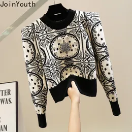 Kvinnors tröjor vintage beskurna tröjor för kvinnor som pärlar blommig koreansk jumper o-hals casual stickade tröja toppar dra femme sueter mujer 230822