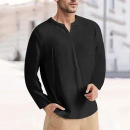 Men's Casual Shirts Cutton Beach Long Sleeve Shirt Solid Regular Cotton T-Shirt Top Color V-Neck Streetwear Clothing For Men