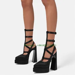 Dress Shoes Black Satin TStrap Platform Slingback Pumps Pointy Toe Cross Belt Buckle Sexy Women High Heels 230823