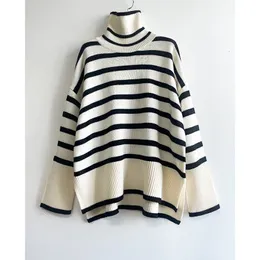 Kvinnors tröjor totem* Brand Wool Cotton With Stripe Design Women Sweater Luxury Lady Wool tröja med tappad axel 230822