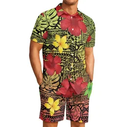 Men's Tracksuits Polynesian Tribal Samoan Totem Tattoo Samoa Prints Comfort Men Sweat Suit Lapel Hibiscus Shirt Beach Shorts Casual 2Piece Set 230822