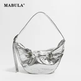 イブニングバッグMabula Silver Soft Pu Leather Women Hobo Tote Fashion Half Moon Handbagsシンプルなデザイン女性電話財布ショルダーバッグ230823