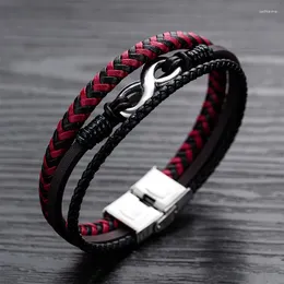 Link Bracelets Men Red Black Leather Multilayer Woven Bracelet Titanium Steel Button Neutral Accessories Hand-woven Jewelry Gifts