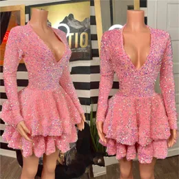 Sexy Sparkly Sequins Pink Short Prom Dresses For Black Girls Mini Cocktail Birthday Party Dress Gowns Vestidos De Gala Robe De Soiree