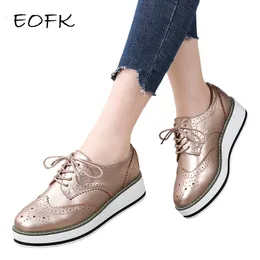 Dress Shoes EOFK Spring Autumn Women Derby Platform Gold Flats Brogue Leather Lace up Classic Bullock Footwear Female Oxford Lady 230823