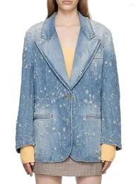 Women's Suits HIGH STREET Est 2023 Fashion Designer Jacket Perforated Wash Gradual Loose Long Denim Blazer